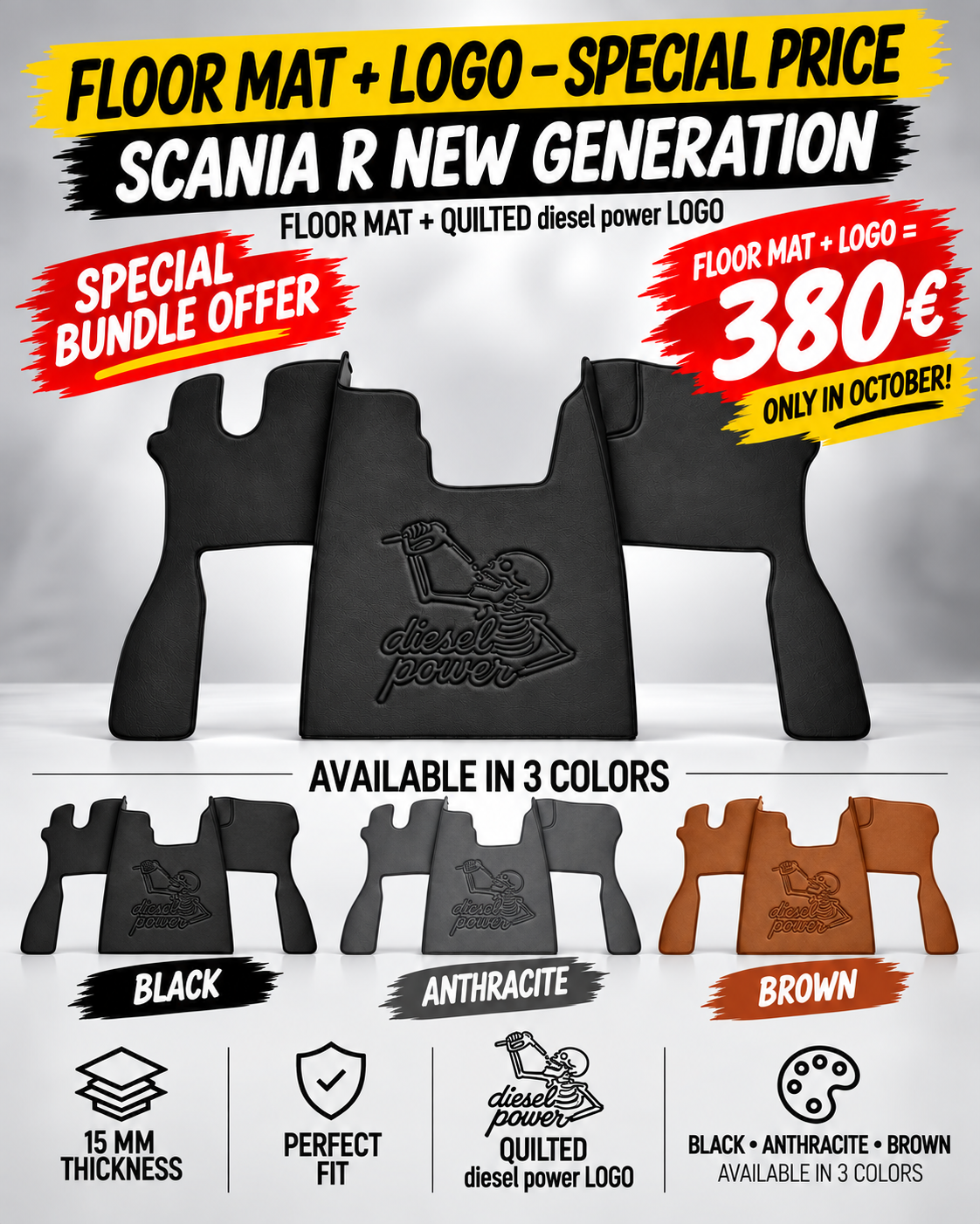 TAPIS COMPATIBLES SCANIA R NEW GENERATION + LOGO DIESEL POWER MATELASSÉ 380 €