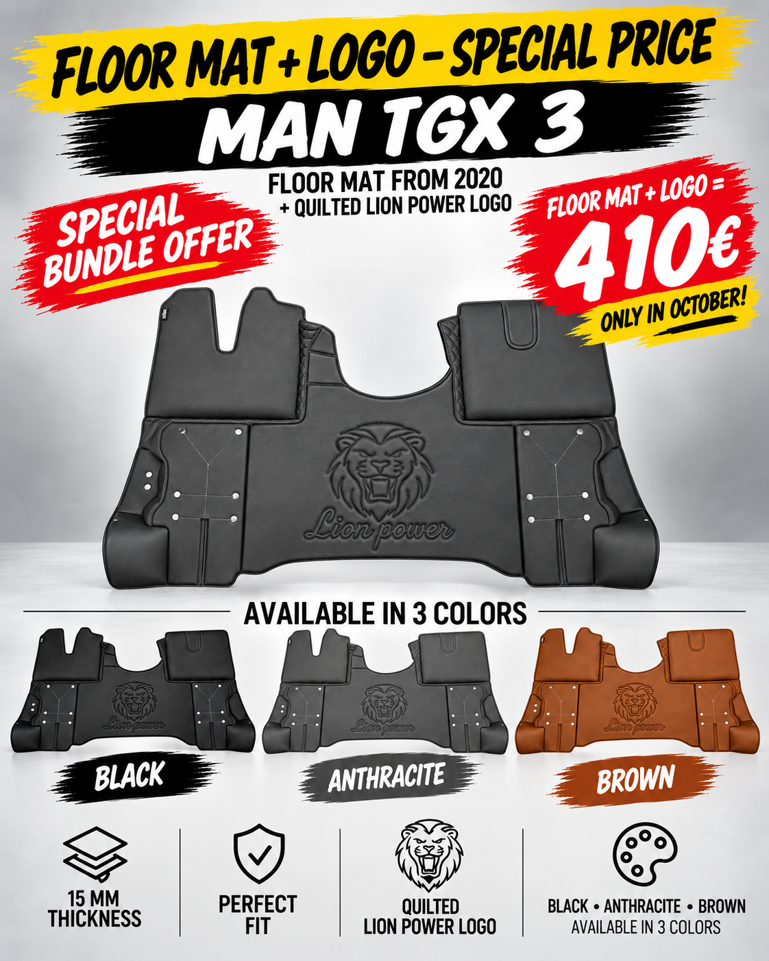 TAPIS COMPATIBLES MAN TGX 3 + LOGO LION POWER MATELASSÉ 410 €