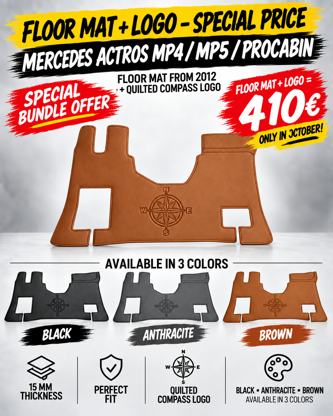 MERCEDES ACTROS MP4 /5/PROCABIN COMPATIBLE MATS + QUILTED COMPASS LOGO 380€