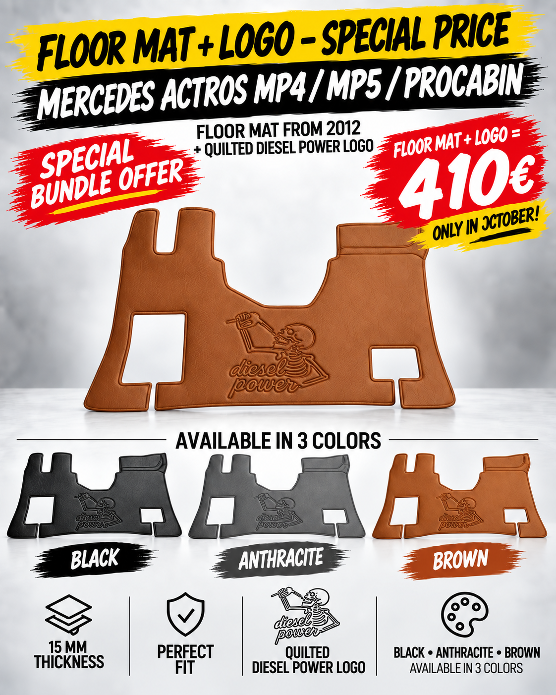 TAPIS COMPATIBLES MERCEDES ACTROS MP4 / MP5 / PROCABIN + LOGO DIESEL POWER MATELASSÉ 380 €