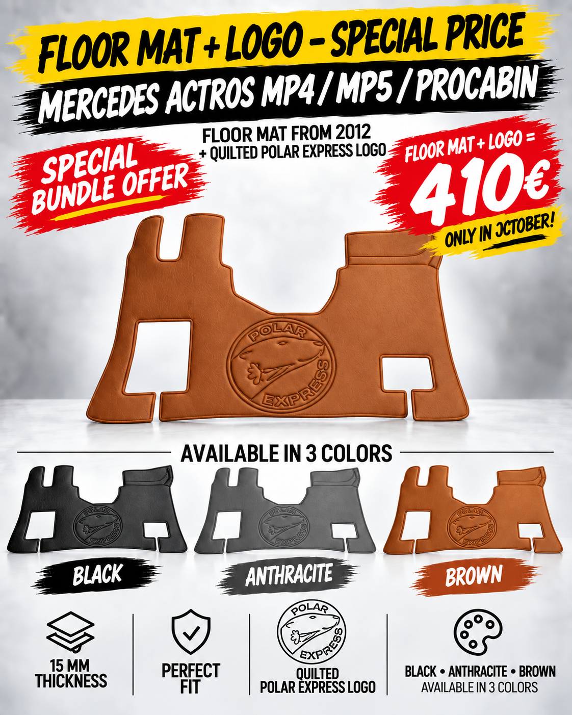 TAPIS COMPATIBLES MERCEDES ACTROS MP4 / MP5 / PROCABIN + LOGO POLAR EXPRESS MATELASSÉ 380 €