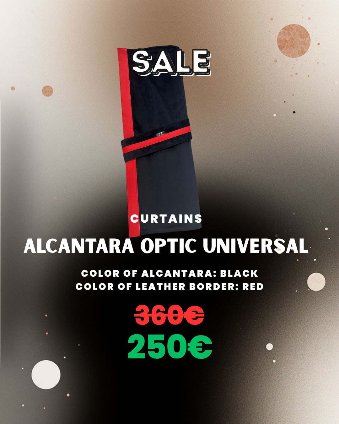 RIDEAUX OUTLET – ALCANTARA UNIVERSELS · NOIRS AVEC BORDURE EN SIMILICUIR ROUGE